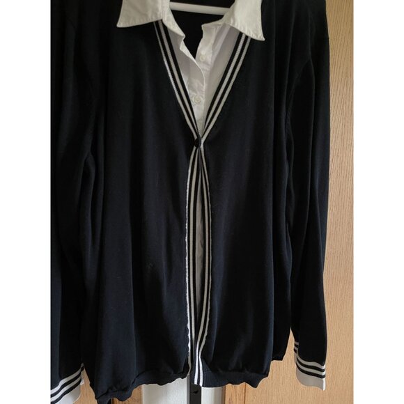 EUC Vintage Navy & White Cardigan With Striped Trim & Collared Shirt Layer - Picture 3 of 7